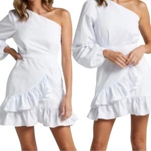 ShowPo. Asymmetrical one sleeve flirty ruffled white mini dress